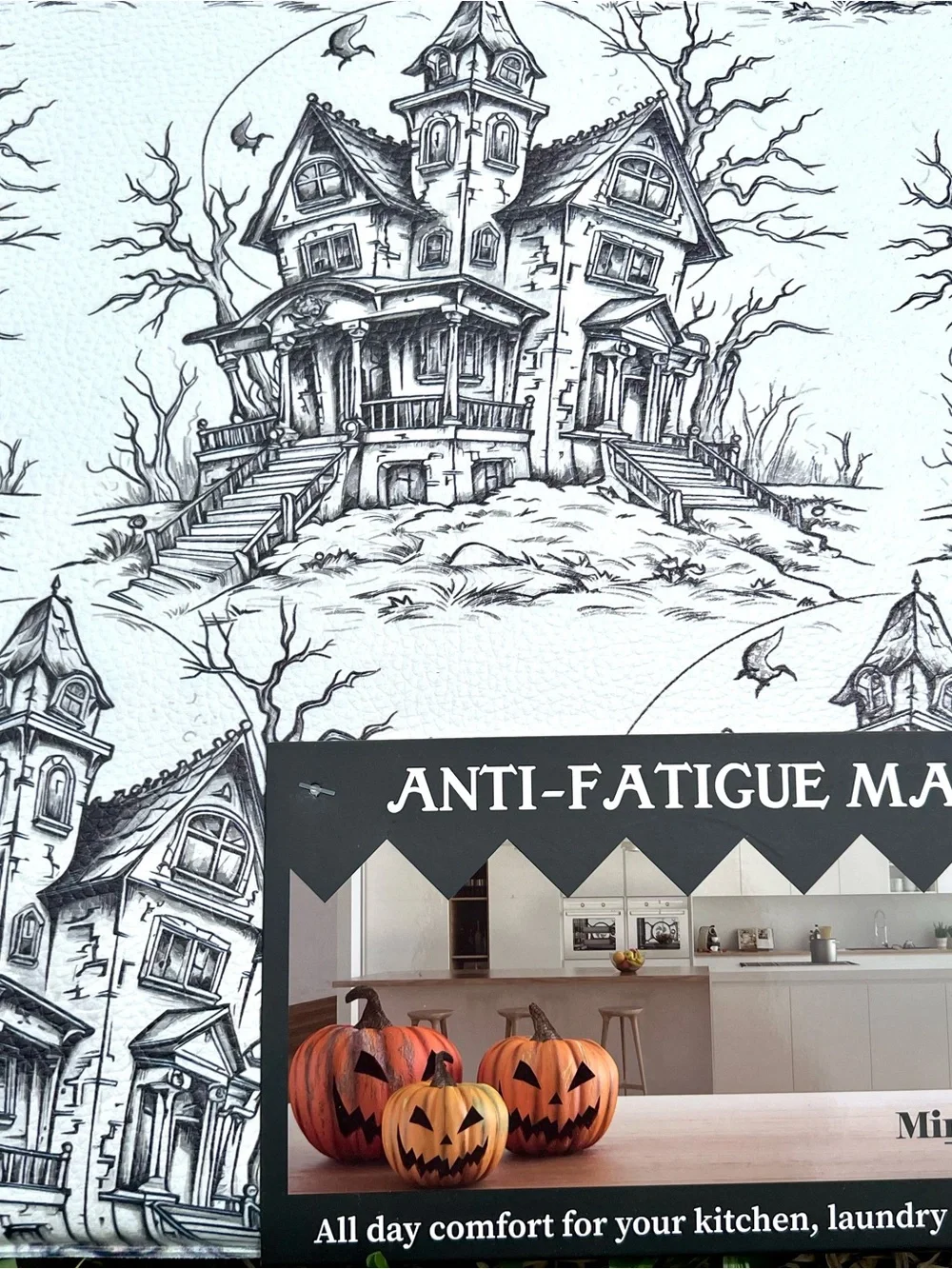 Halloween Haunted House Anti Fatigue Floor Mat Black & White Gothic Mansion